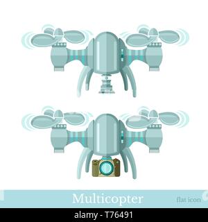 Zwei multicopter oder quadcopter mit Kamera im flachen Stil isoliert auf weißem Stock Vektor