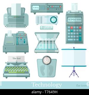 Einrichten von Geräten und Technologie flachbild Symbole auf Weiß. Schreibmaschine, Geldautomat, Drucker, Bildschirm, Scanner, Waagen, Film Klappe und Projektor Stock Vektor