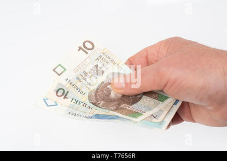 Einige Banknoten der polnische Zloty auf der Hand Stockfoto