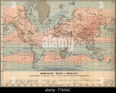 Erde Klimatologie Karten Januar Winde und ISOBAREN neue Tabelle Atlas A.F. Marcks St. Petersburg, 1910 Stockfoto