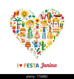 Festa Junina Dorffest in Lateinamerika. Symbole in hellen Farben eingerichtet. Flat Style Dekoration. Ich liebe Festa junina. Herzen von Farbe Symbol gesetzt. Stock Vektor