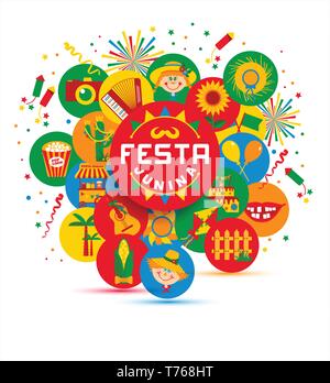 Festa Junina Dorffest in Lateinamerika. Symbole in hellen Farben eingerichtet. Flat Style Dekoration. Stock Vektor