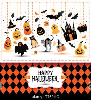 Halloween Banner auf Farben und weißen Hintergrund. Einladung zur Nacht Party. Vektor Design Template für Halloween Feier mit Symbolen. Satz von Herbst Stock Vektor
