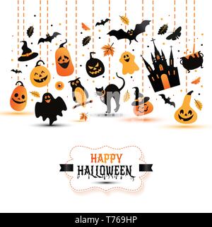 Halloween Banner auf weißen Hintergrund. Einladung zur Nacht Party. Vektor Design Template für Halloween Feier mit Symbolen. Satz von Herbst Symbole. Stock Vektor