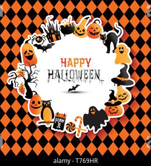 Halloween Banner auf farben Hintergrund. Einladung zur Nacht Party. Vektor Design Template für Halloween Feier mit Symbolen. Satz von Herbst Symbole. Stock Vektor