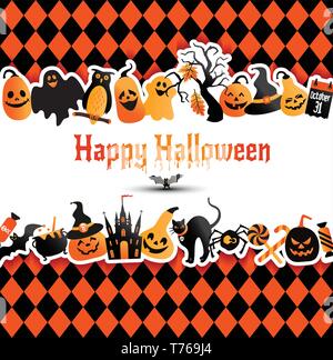 Halloween Banner auf farben Hintergrund. Einladung zur Nacht Party. Vektor Design Template für Halloween Feier mit Symbolen. Satz von Herbst Symbole. Stock Vektor