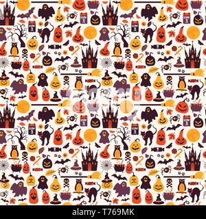 Nahtlose Muster von Halloween für Herbst Feier mit Symbolen im flachen Stil. Vektor design Abbildung: Halloween. Stock Vektor