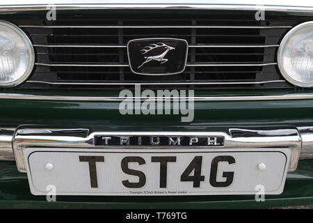 Persönliche Platte auf Stag (1976), British Marques Tag, den 28. April 2019, Brooklands Museum, Weybridge, Surrey, England, Großbritannien, Großbritannien, Europa Stockfoto