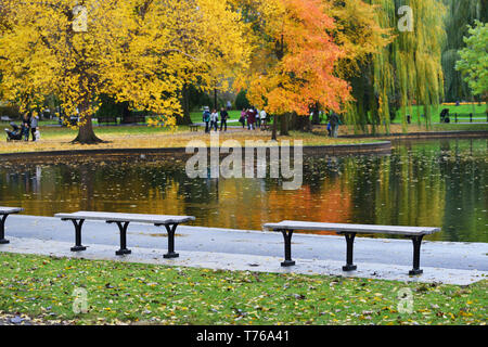 Parkbank und Farben des Herbstes in Boston Public Garden. Bunte Herbst Blätter von Zucker-ahorn Bäume und Trauerweide auf dem Wasser spiegelt, gewellt Teich design Stockfoto