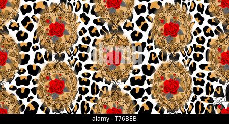 Nahtlose Muster mit Blumen Rosen auf Leopard haut Hintergrund eps 10. Stock Vektor