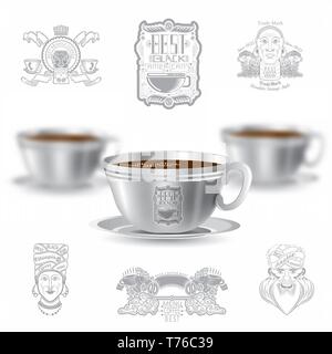 Drei realistische Mock up Tasse Kaffee und Satz von Silhouette Labels auf weißem Hintergrund. Vector Illustration eine Tasse starken und zwei Tassen Tiefenschärfe Stock Vektor