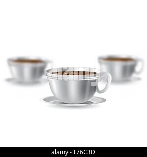 Drei realistische Mock up Tasse Kaffee oder Tee auf weißem Hintergrund. Vector Illustration eine Tasse starken und zwei Tassen Tiefenschärfe Stock Vektor