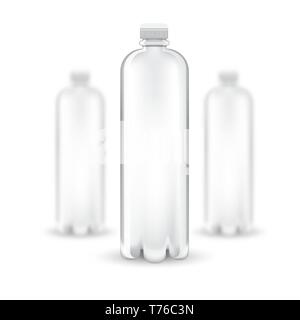 Drei realistische Mock up aus weißem Kunststoff Flasche auf weißem Hintergrund. Vector Illustration eine Flasche scharfe und zwei Flaschen Tiefenschärfe Stock Vektor