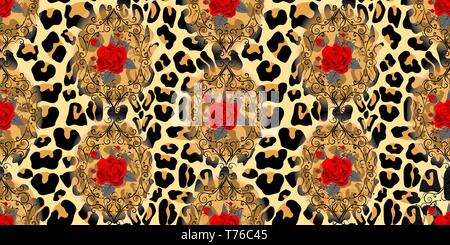 Nahtlose Muster mit Blumen Rosen auf Leopard haut Hintergrund eps 10. Stock Vektor