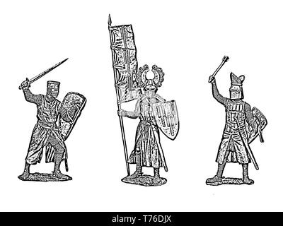Mittelalterliche Ritter Abbildung. Ritter Bild. Satz von 3 mittelalterlichen Kreuzfahrer. Digitale Zeichnung. Stockfoto