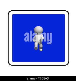 Schild-Weiß 3D-Mann auf blaue Schild ist zu Fuß - 3D-Rendering Stockfoto