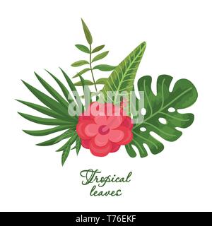 Helle Bouquet von bunten tropischen Blätter und Blüten. Konzept der Dschungel für die Gestaltung von Einladungen, Grusskarten und Hintergrundbilder. Stock Vektor