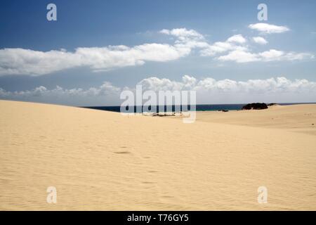 Hell leuchtend weißen Rand der Düne gegen deep blue sky, Corralejo, Fuerteventura kontrastierenden, Kanarische Inseln Stockfoto