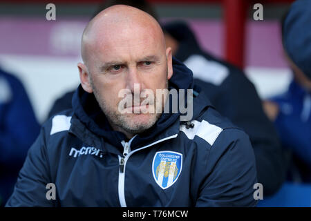 Colchester United Manager John Mcgreal während der Sky Bet League Zwei gleiche an Sincil Bank, Lincoln. Stockfoto