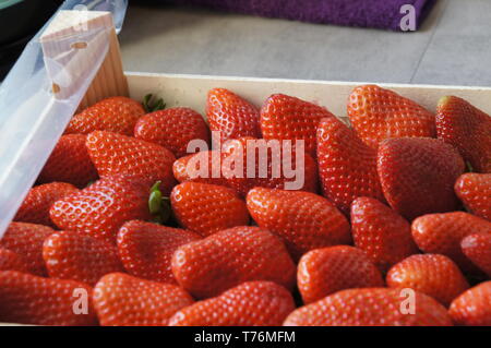 Frische rote Erdbeeren in eine Holzkiste, close-up. Rote Erdbeeren auf dem Markt begegnen. Stockfoto