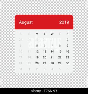 Kalender August 2019 Sauber Minimale Tabelle einfaches Design. Woche beginnt am Montag. Stock Vektor