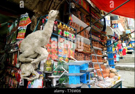 Getrocknete Lama Feten und andere Produkte für die Aymara Rituale für den Verkauf in der berühmten Hexenmarkt von La Paz, Bolivien Stockfoto