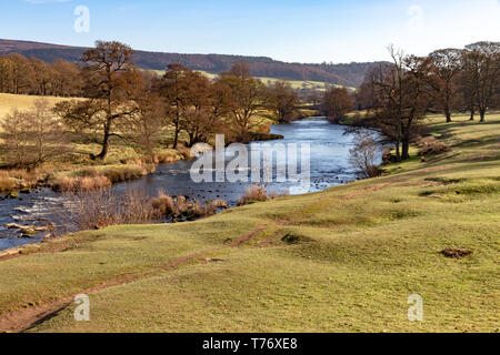 Eine herbstliche Landschaft Bild des Flusses Derwent Wicklung durch Chatsworth Country Park in ländlichen Derbyshire Stockfoto