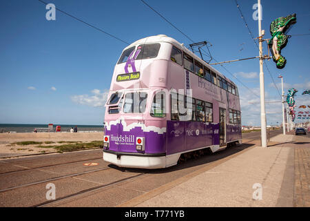 Werbung vor dem Krieg am 713. Dezember 1934 für das Einkaufszentrum Houndshill. B Fleet Balloon 713 Vintage Straßenbahn- oder Heritage Tram-Touren auf der Blackpool South Shore Promenade, Lancashire, Großbritannien Stockfoto