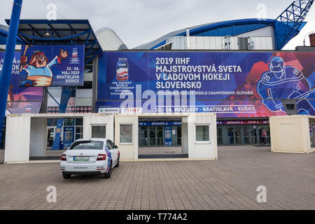 KOSICE, SLOWAKEI - 29 April 2019: Haupteingang aus Stahl Arena - Eishockey Stadion, in dem Internationalen IIHF Eishockey WM 2019 wird b Stockfoto