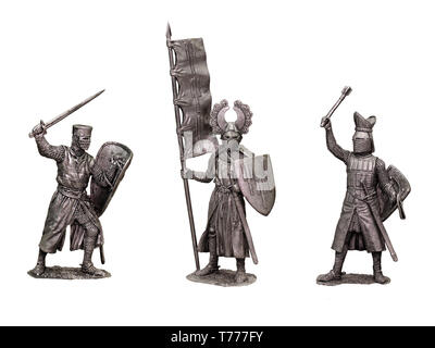 Zinnfiguren mittelalterlichen Ritter. Set mit 3 Rittern. Ritter mit Fahne. Stockfoto