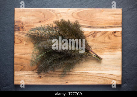 Zweige bronze Fenchel, Foeniculum vulgare Purpureum, von einer Pflanze gefunden wild wachsenden an der Seite ein Fußweg. Es wird verwendet, um einen Fisch st Aroma Stockfoto