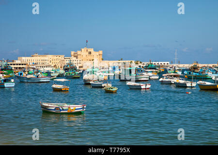 Al fondo el Fuerte mameluco Qait Bey, Ciudad de Alejandria, Egipto, Mar Mediterráneo Stockfoto