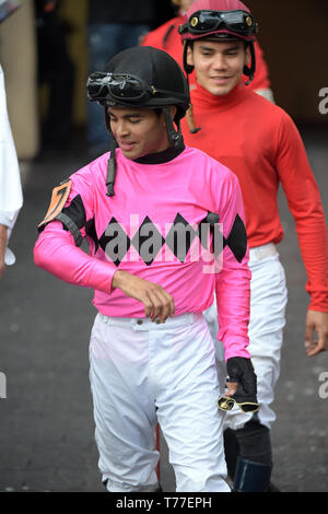 HALLANDALE, Florida - MÄRZ 30: Maximale Sicherheit #7, geritten von Luis Saez, gewinnt das Florida Derby an Gulfstream Park am März 30, 2019 im Hallandale, Florida Personen: Maximale Sicherheit, Luis Saez Stockfoto