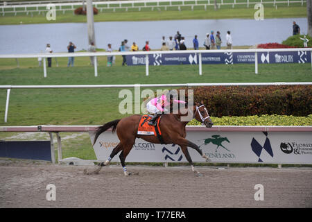 HALLANDALE, Florida - MÄRZ 30: Maximale Sicherheit #7, geritten von Luis Saez, gewinnt das Florida Derby an Gulfstream Park am März 30, 2019 im Hallandale, Florida Personen: Maximale Sicherheit, Luis Saez Stockfoto