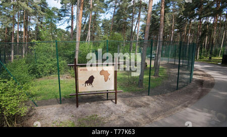 Hodenhagen, Deutschland. 05 Mai, 2019. Ein Zeichen steht in der Serengeti Park Hodenhagen in einem separaten Gehäuse, in dem zwei Löwen von der Herde getrennt gehalten werden. In der Einhausung, die beiden Löwen ein Tierpfleger angegriffen und schwer verletzt. Der Halter und die Löwen waren in der Anlage gleichzeitig, das war in der Regel nicht der Fall. Credit: Julian Stratenschulte/dpa/Alamy leben Nachrichten Stockfoto