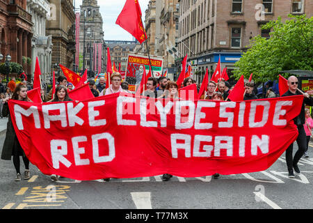 Glasgow, UK. 05 Mai, 2019. Vertreter und Beamten von zahlreichen Gewerkschaften und politischen Parteien nahmen an der traditionellen Tag der Parade durch das Stadtzentrum von Glasgow. Die Parade wurde durch eine Pipe Band und Brass Band led vor dem Abschluss auf dem George Square. Credit: Findlay/Alamy leben Nachrichten Stockfoto