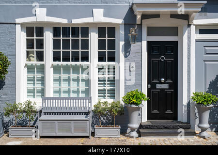 Graue Haus und kleine Bäume und Sträucher in Containern in Princes Gate Mews, Kensington, London, England Stockfoto