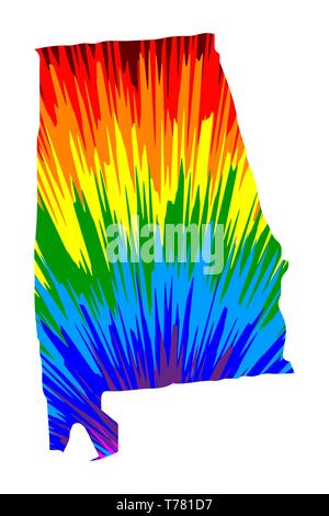 Alabama (USA, USA, USA, USA) - Karte ist so konzipiert, dass Rainbow abstrakte farbenfrohe Muster, Bundesstaat Alabama Karte aus Farbe Explosion, Stock Vektor