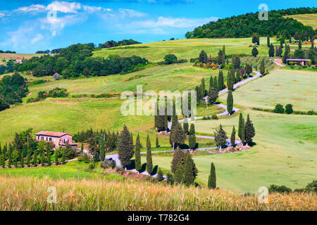 Fantastische Reise und Fotografie Ort in der Toskana. Atemberaubende kurvige Landstraße in der Nähe von Monticchiello, Toskana, Italien, Europa Stockfoto