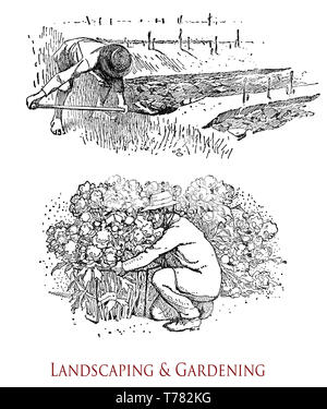 Bauer einen Graben ausheben junge Bäume in einem Gebiet zu pflanzen und ein Gärtner kümmert sich um einen Rosenbusch voller Blüten Stockfoto