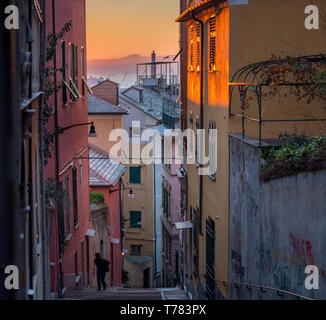 Genova Symbol der Stadt: Leuchtturm Lanterna und charakteristischen typischen bunten Gassen (caruggi, Gassen) und bunten Häuser der Altstadt Stockfoto