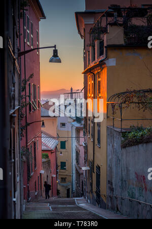 Genova Symbol der Stadt: Leuchtturm Lanterna und charakteristischen typischen bunten Gassen (caruggi, Gassen) und bunten Häuser der Altstadt Stockfoto