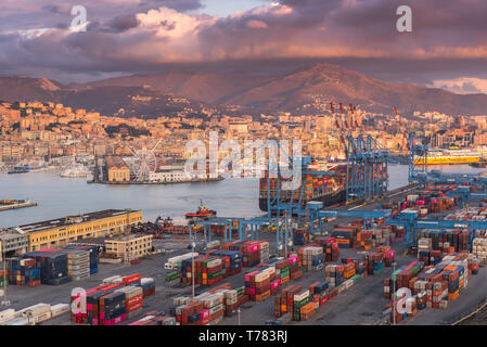 Genua, Genua, Italien: Luftaufnahme von Versand- und Container Terminal, bunte gestapelte Container und Laderampe Seite Kräne im Hafen von Genua Stockfoto