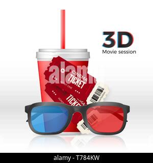 Film, 3-D-Brillen Tickets und Tasse trinken. Web Banner oder Poster. Vector Illustration Stock Vektor