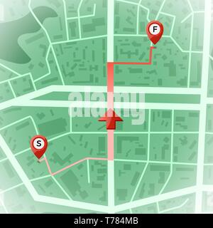 Abstrakte Stadtplan. GPS und Navigation Konzept. Start- und Endpunkt und gepflasterte Route. Drucken mit Stadt Topographie. Stadt Wohnviertel Regelung Stock Vektor