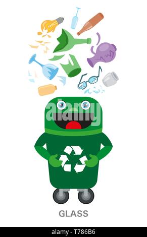 Abfallsortierungs- und Recycling-Konzept. Farbilustration. Glas. Stock Vektor