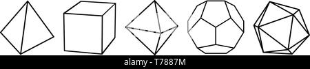 Platonische Körper Tetraeder, Würfel, Oktaeder, Dodekaeder, Ikosaeder Stock Vektor