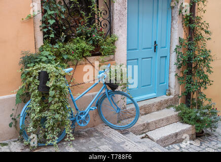 Blau lackiert altes Fahrrad in Ivy lehnte sich gegen die Wand abgedeckt Stockfoto