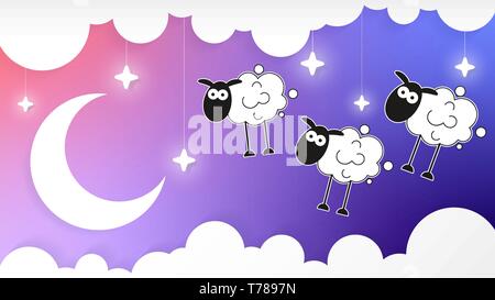 Nachthimmel mit Halbmond und Wolken und Schafe Vector Hintergrund Stock Vektor
