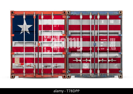 Das Konzept von Liberia export-import und die Lieferung von Waren. Nahaufnahme der Container mit der nationalen Flagge von Liberia auf Weiß isoliert Bac Stockfoto